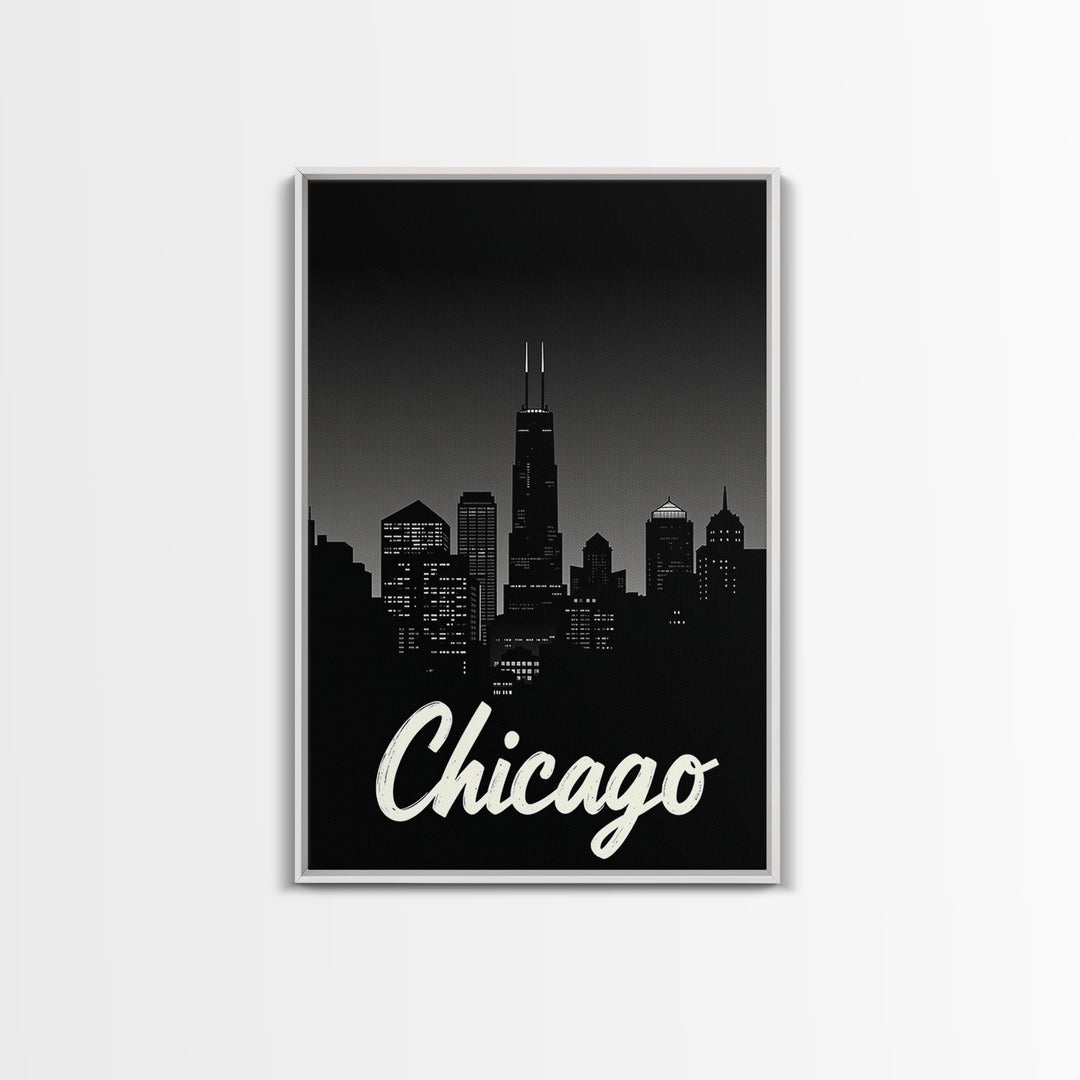 Chicago Travel Poster, Framed Canvas Print, Black And White Travel Art, Chicago City Art, City Illustration, Living Room Wall Art