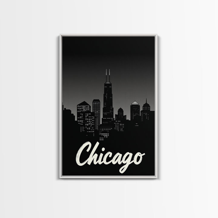 Chicago Travel Poster, Framed Canvas Print, Black And White Travel Art, Chicago City Art, City Illustration, Living Room Wall Art