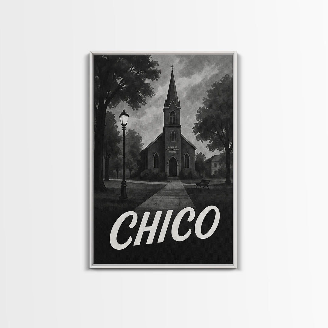 Chico Travel Poster, Canvas Print, Dark Moody City Wall Art, Chico Travel Art, City Travel Prints, Eclectic Wall Decor, Travel Wall Art