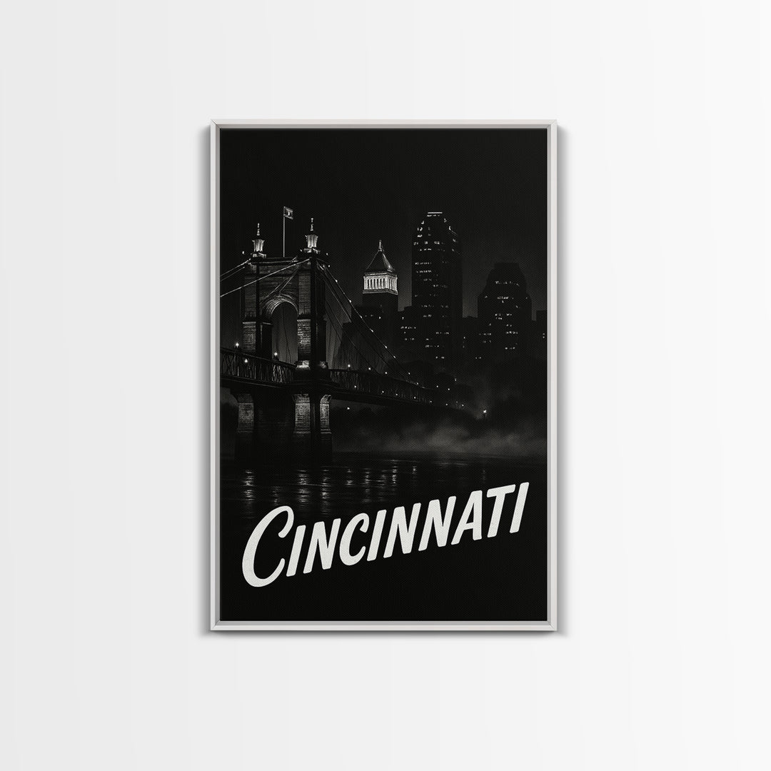 Cincinnati Travel Poster, Framed Canvas Print, Black And White Travel Art, Cincinnati Wall Art, Fine Art Print, Travel Poster Set