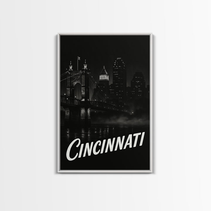 Cincinnati Travel Poster, Framed Canvas Print, Black And White Travel Art, Cincinnati Wall Art, Fine Art Print, Travel Poster Set