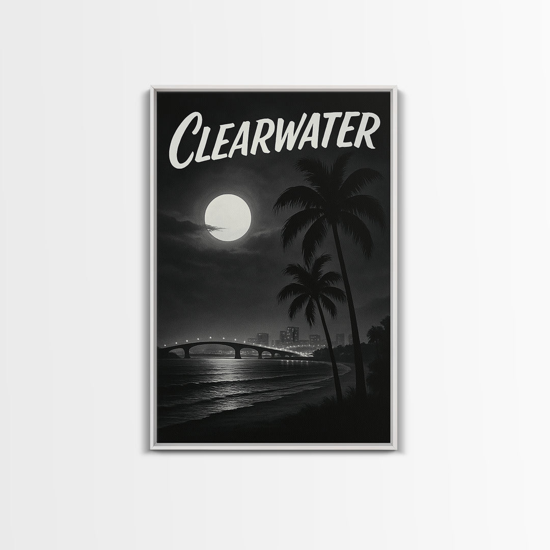 Clearwater Florida Travel Poster, Framed Canvas Print, Dark Moody City Wall Art, Clearwater Wall Art, Travel Poster Set, Travel Art Print