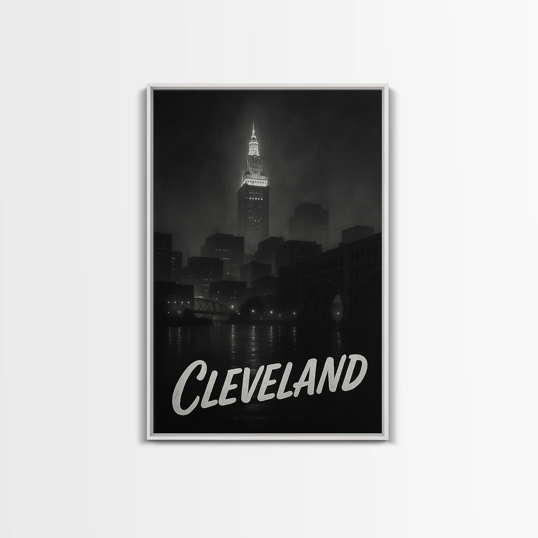 Cleveland Ohio Travel Poster, Framed Canvas Print, Dark Moody City Wall Art, Cleveland Travel Art, Travel Wall Decor, City Travel Prints