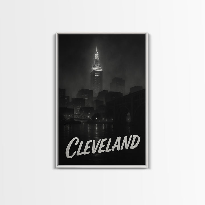 Cleveland Ohio Travel Poster, Framed Canvas Print, Dark Moody City Wall Art, Cleveland Travel Art, Travel Wall Decor, City Travel Prints