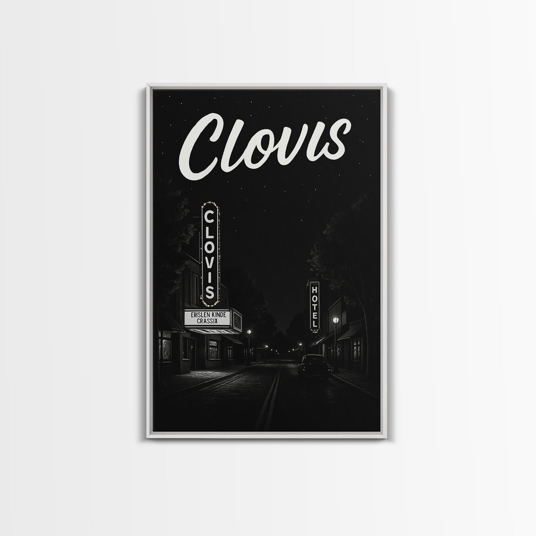 Clovis Travel Poster, Framed Canvas Print, Dark Moody City Wall Art, Clovis Poster Print, Vintage Travel Print, City Travel Prints