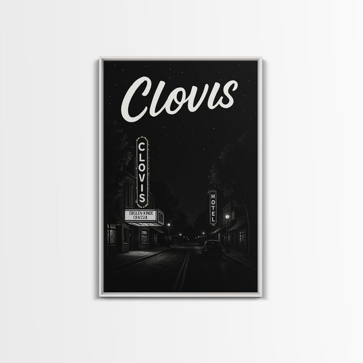Clovis Travel Poster, Framed Canvas Print, Dark Moody City Wall Art, Clovis Poster Print, Vintage Travel Print, City Travel Prints