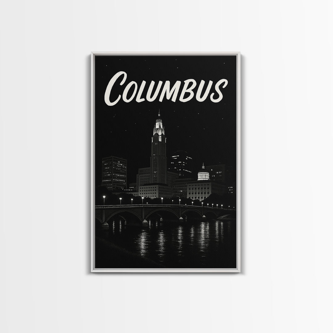 Columbus Travel Poster, Framed Canvas Print, Dark Moody City Wall Art, Columbus Travel Art, Travel Poster Art, Travel Poster Set