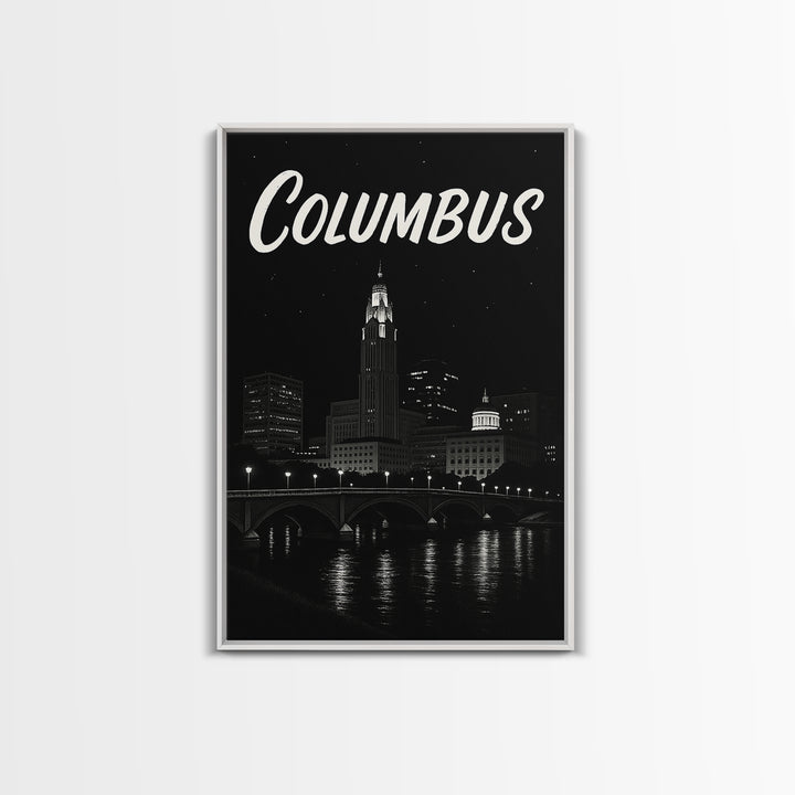 Columbus Travel Poster, Framed Canvas Print, Dark Moody City Wall Art, Columbus Travel Art, Travel Poster Art, Travel Poster Set