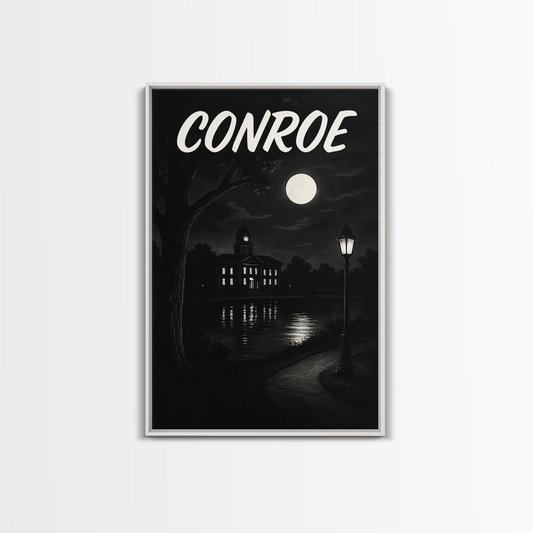 Conroe Travel Poster, Canvas Print, Dark Moody City Wall Art, Conroe Travel Art, Travel Art Print, City Illustration, Vintage Travel Print