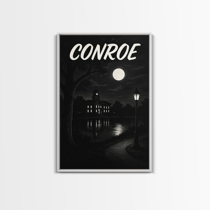 Conroe Travel Poster, Canvas Print, Dark Moody City Wall Art, Conroe Travel Art, Travel Art Print, City Illustration, Vintage Travel Print