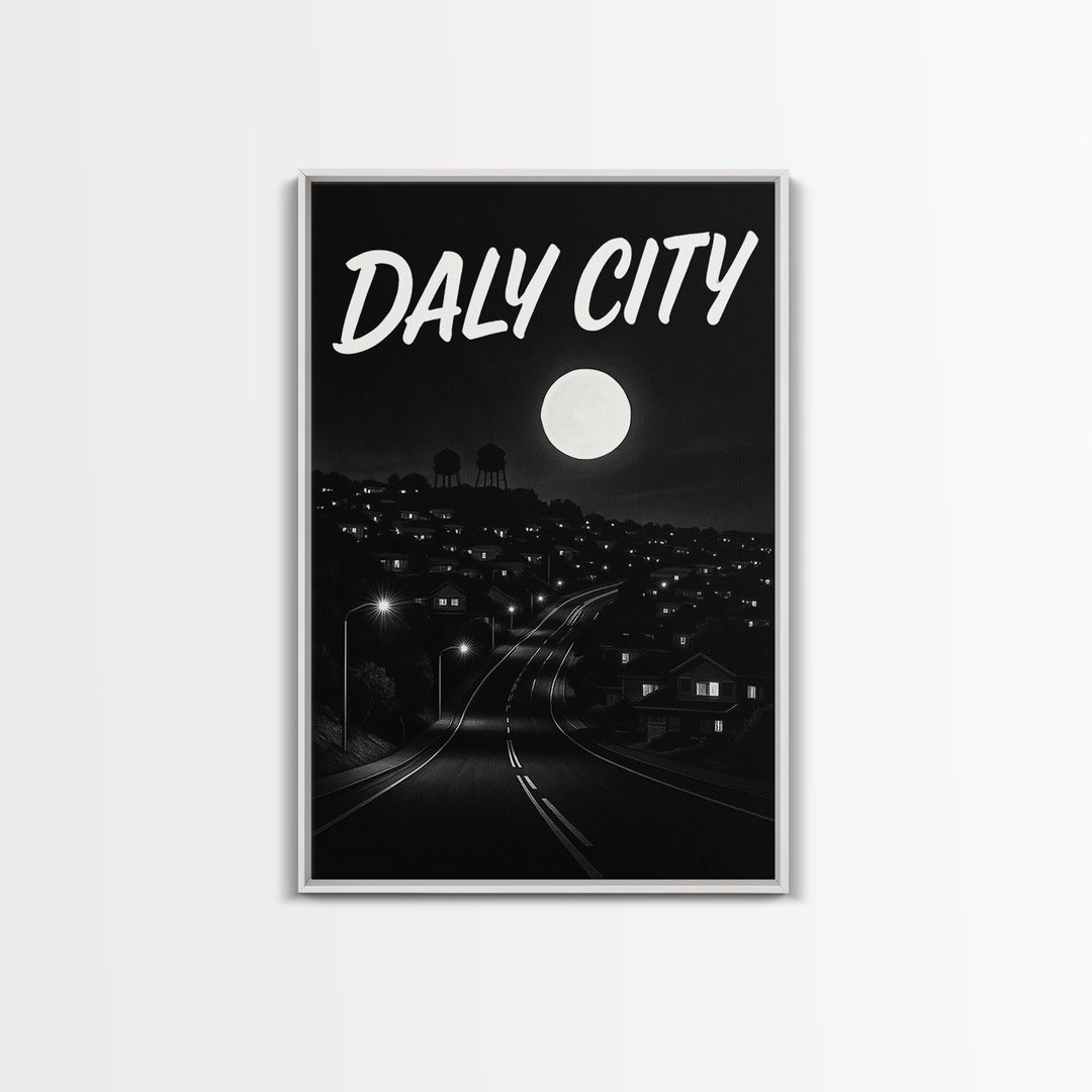 Daly City California Travel Poster, Canvas Print, Dark Moody City Wall Art, Daly City Poster Print, Travel Wall Art, Gift For Travelers