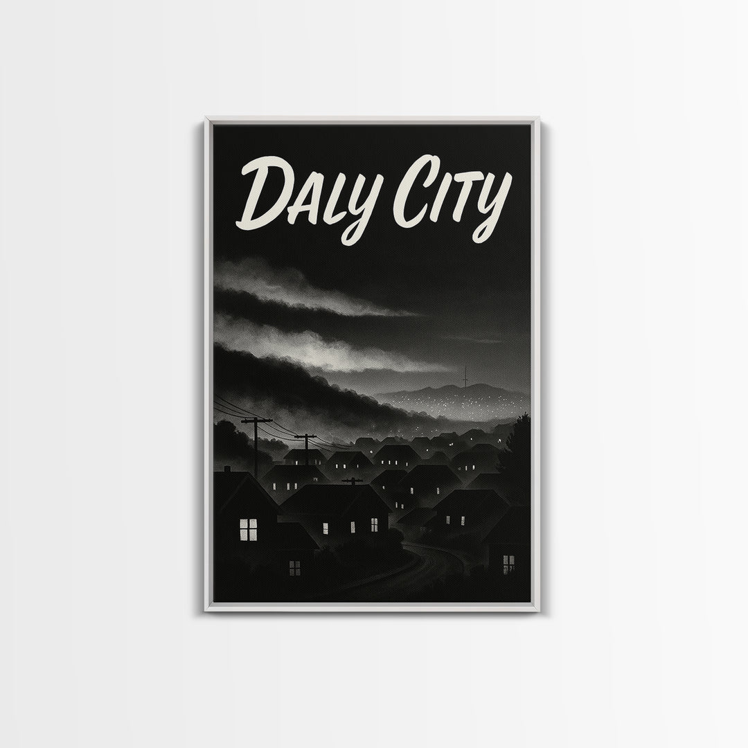 Daly City Travel Poster, Framed Canvas Print, Vintage Noir Poster Art, Daly City Art Print, Travel Poster Art, City Illustration