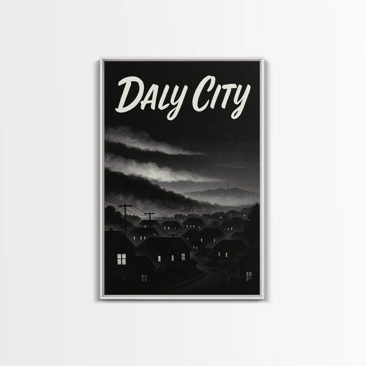 Daly City Travel Poster, Framed Canvas Print, Vintage Noir Poster Art, Daly City Art Print, Travel Poster Art, City Illustration