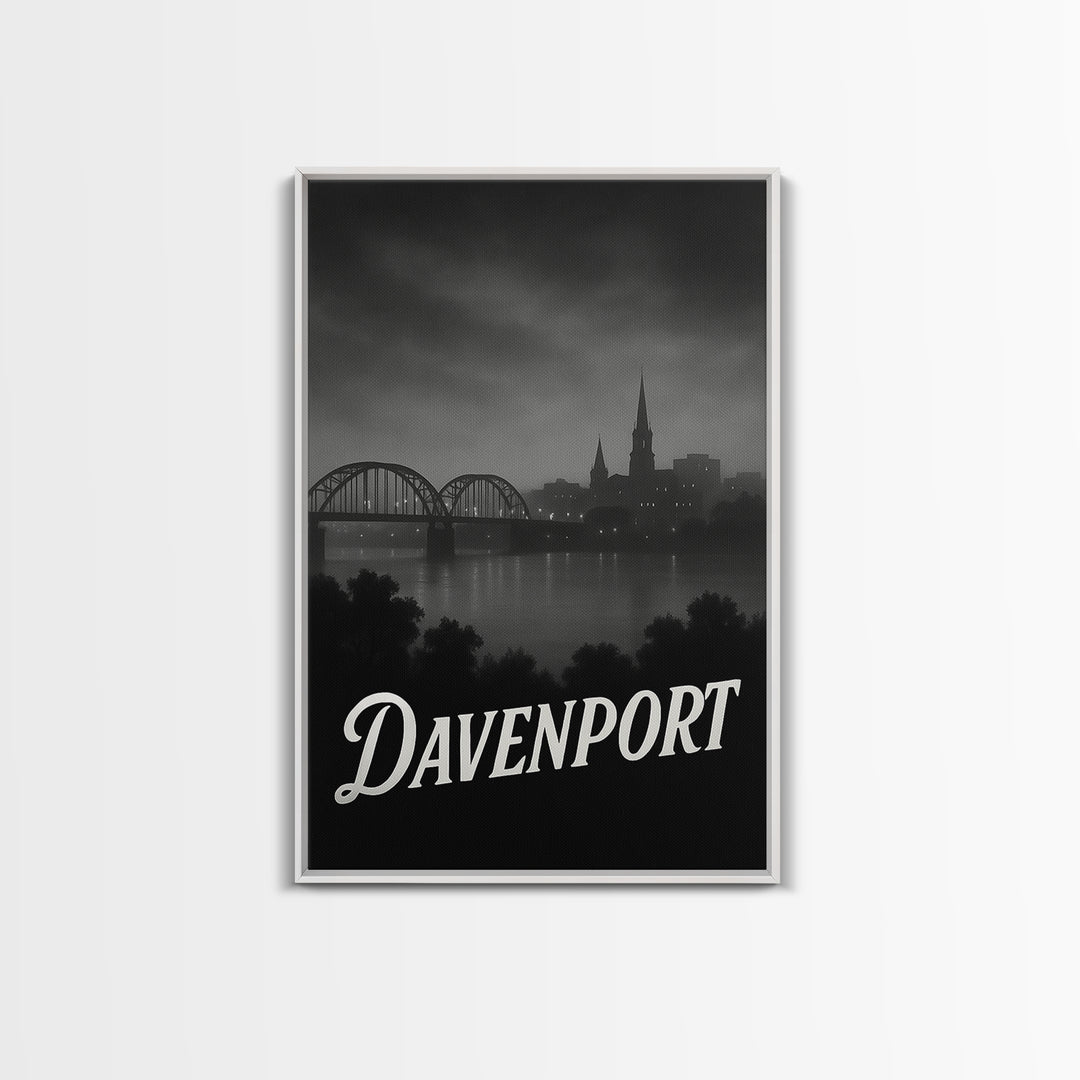Davenport Iowa Travel Poster, Canvas Print, Night Street Poster Art, Davenport City Art, Travel Art Print, Vintage Travel Print, Travel Gift