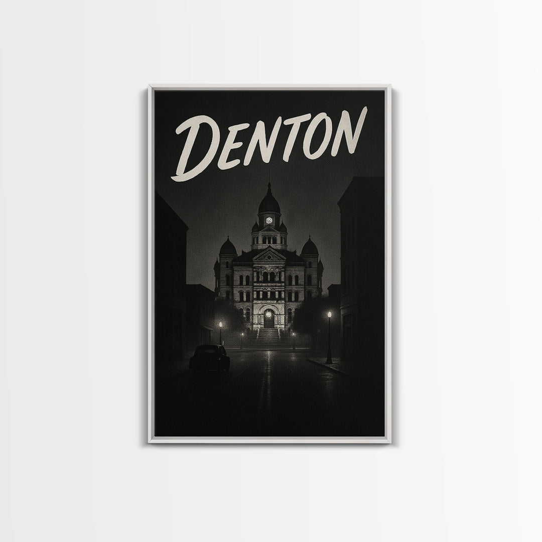Denton Texas Travel Poster, Framed Canvas Print, Black And White Travel Art, Denton Art Print, Modern Wall Decor, City Travel Prints