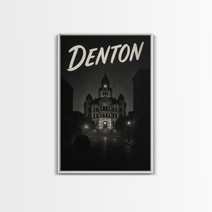 Denton Texas Travel Poster, Framed Canvas Print, Black And White Travel Art, Denton Art Print, Modern Wall Decor, City Travel Prints
