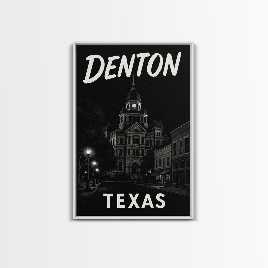 Denton Travel Poster, Framed Canvas Print, Dark Moody City Wall Art, Denton Poster Print, Gift For Travelers, Vintage Travel Art