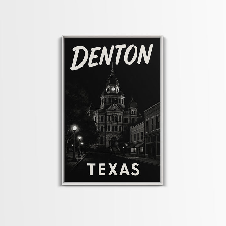 Denton Travel Poster, Framed Canvas Print, Dark Moody City Wall Art, Denton Poster Print, Gift For Travelers, Vintage Travel Art