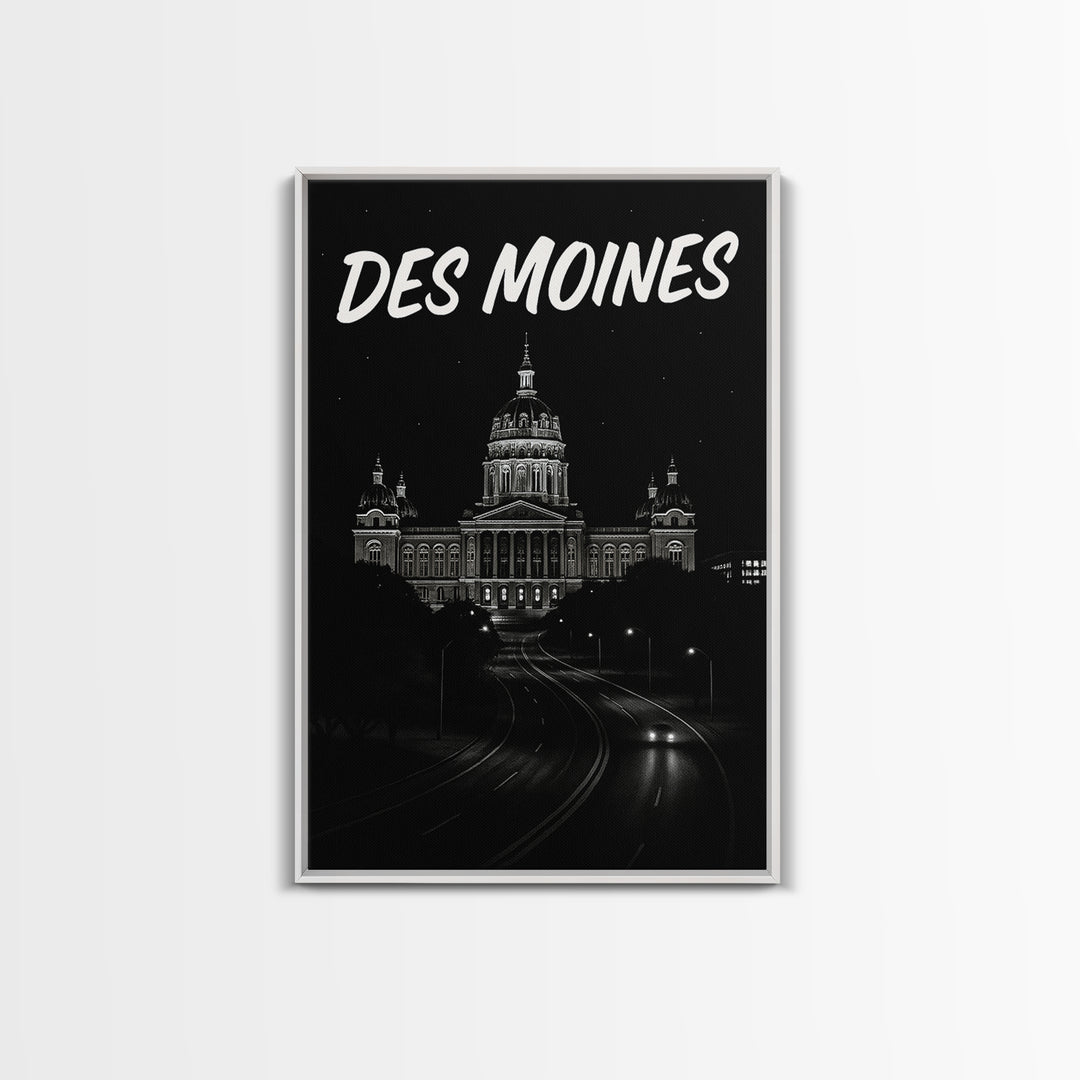 Des Moines Travel Poster, Canvas Print, Black And White Travel Art, Des Moines Wall Art, Travel Art Print, Gift For Travelers, Design 2