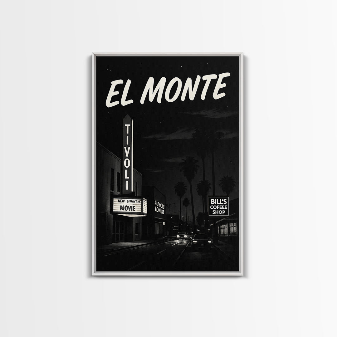 El Monte Travel Poster, Framed Canvas Print, Vintage Noir Poster Art, El Monte Wall Art, Vintage City Art, Retro Travel Print, Design 2