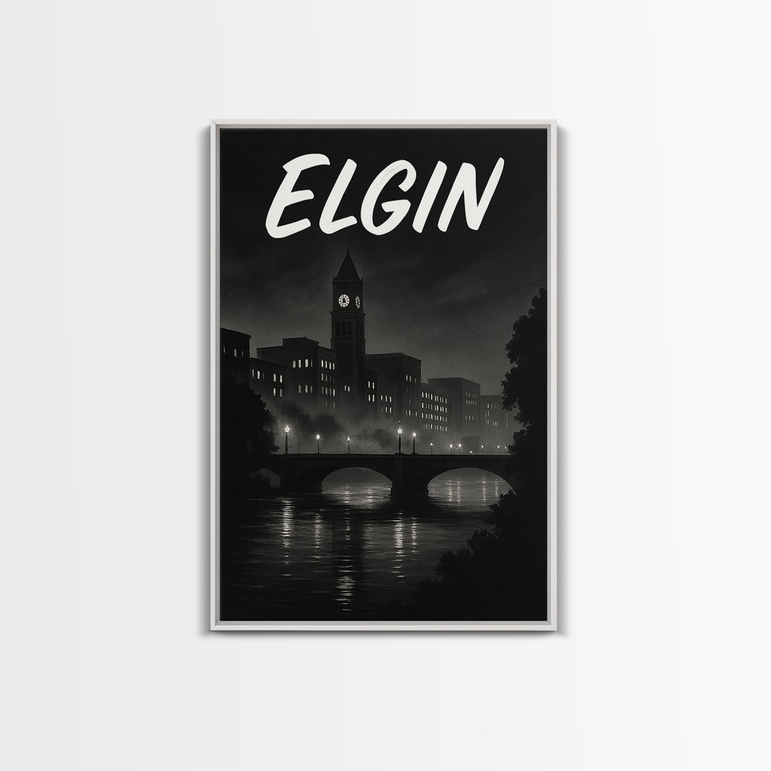 Elgin Illinois Travel Poster, Canvas Print, Dark Moody City Wall Art, Elgin City Art, Travel Poster Art, Wall Art, Travel Wall Decor