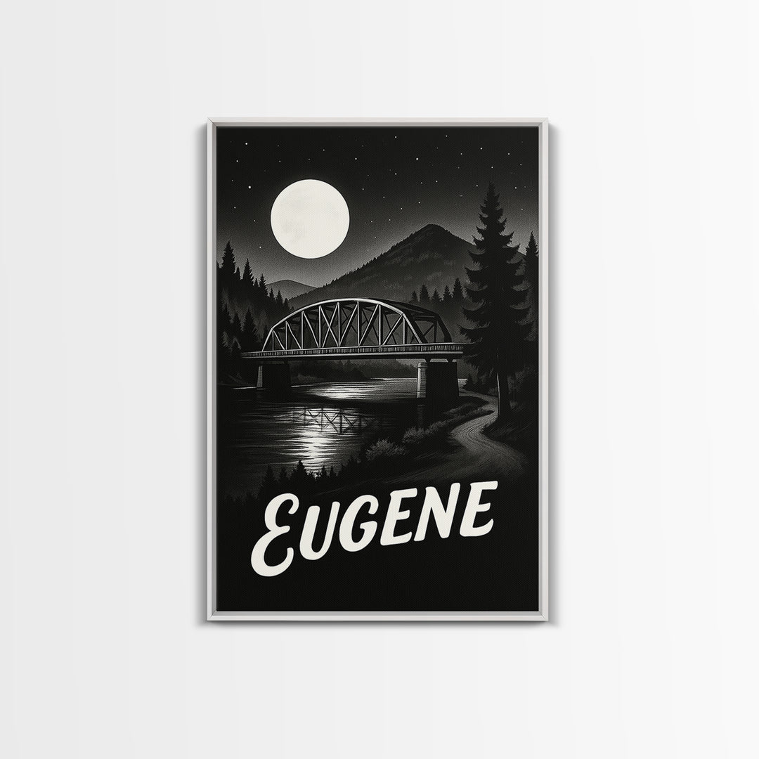 Eugene Travel Poster, Framed Canvas Print, Night Street Poster Art, Eugene Art Print, Retro Travel Print, Fine Art Print, Travel Poster Art