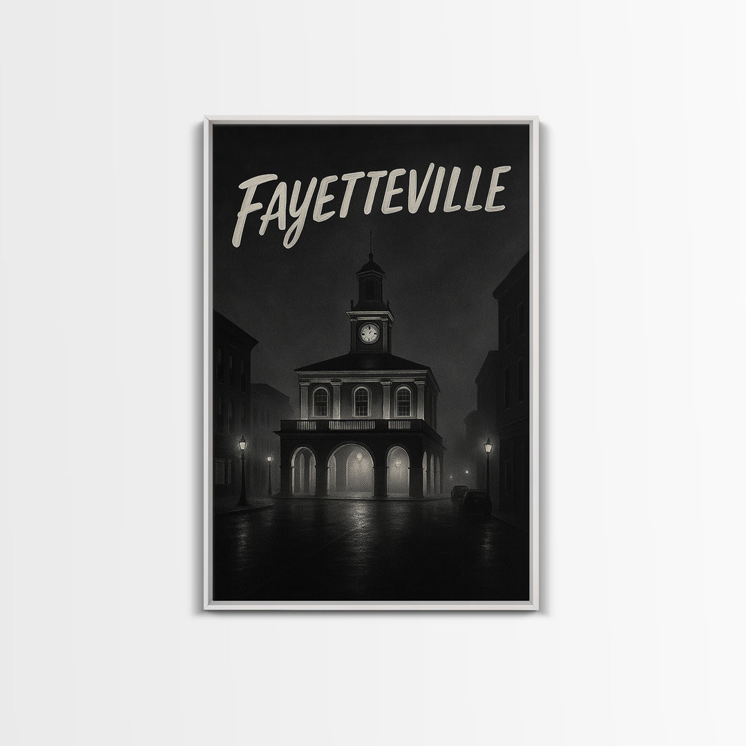 Fayeteville Travel Poster, Framed Canvas Print, Night Street Poster Art, Fayeteville Art Print, City Travel Prints, Vintage City Art