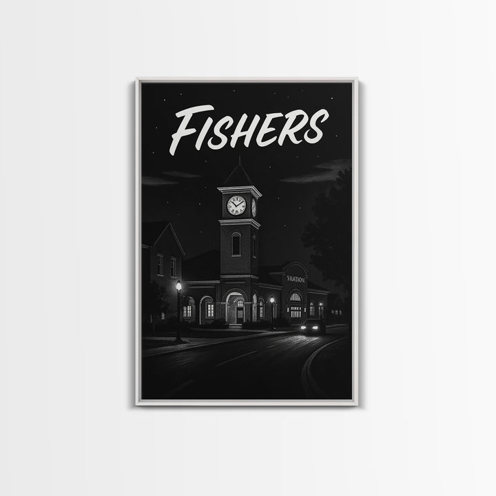 Fishers Travel Poster, Canvas Print, Night Street Poster Art, Fishers City Art, Mid Century Wall Art, Travel Wall Decor, Travel Wall Art