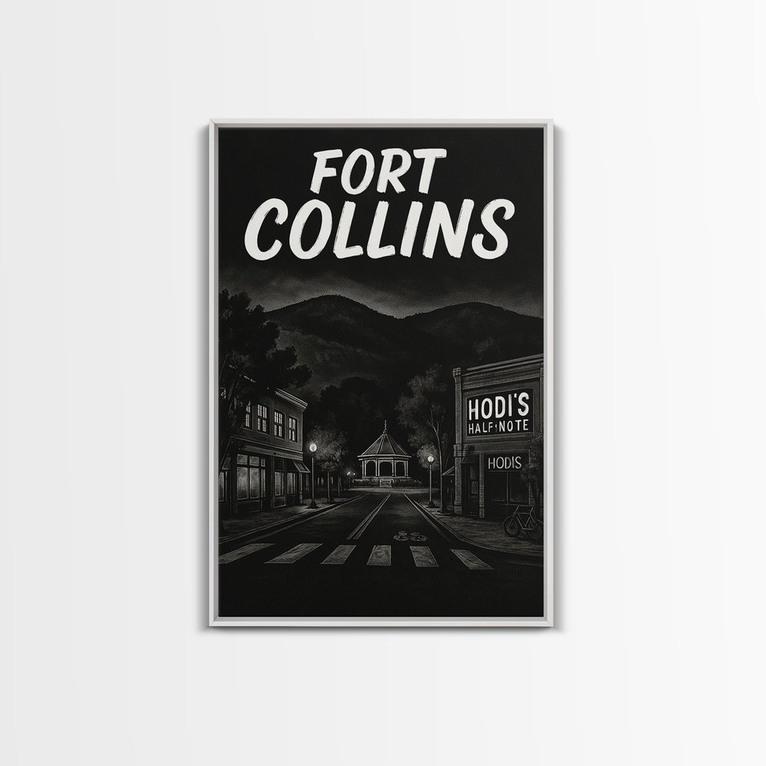 Fort Collins Travel Poster, Framed Canvas Print, Dark Moody City Wall Art, Fort Collins Travel Art, Mid Century Wall Art, Travel Art Print