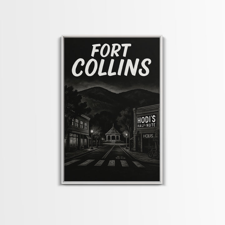 Fort Collins Travel Poster, Framed Canvas Print, Dark Moody City Wall Art, Fort Collins Travel Art, Mid Century Wall Art, Travel Art Print