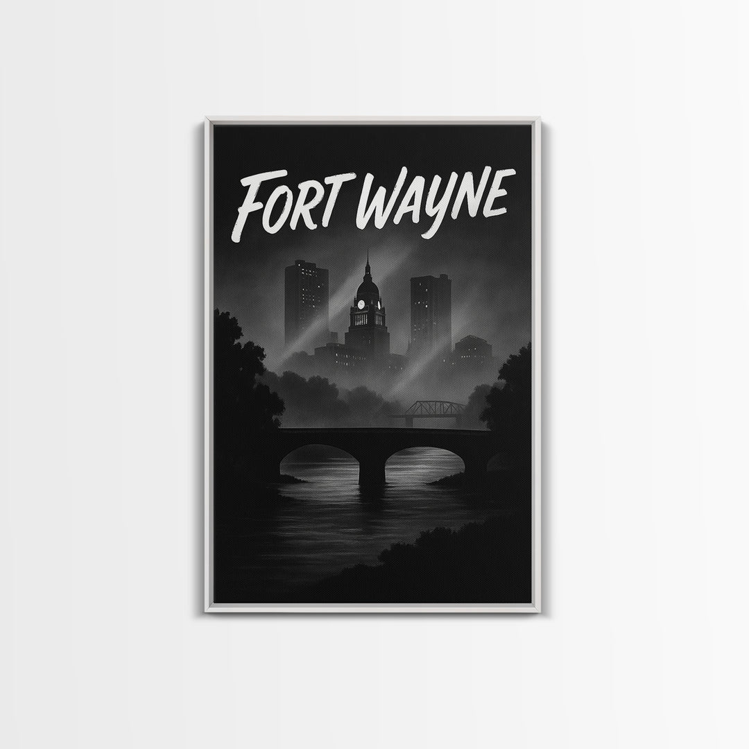 Fort Wayne Indiana Travel Poster, Canvas Print, Night Street Poster Art, Fort Wayne Wall Art, Retro Travel Print, Watercolor Urban Skyline