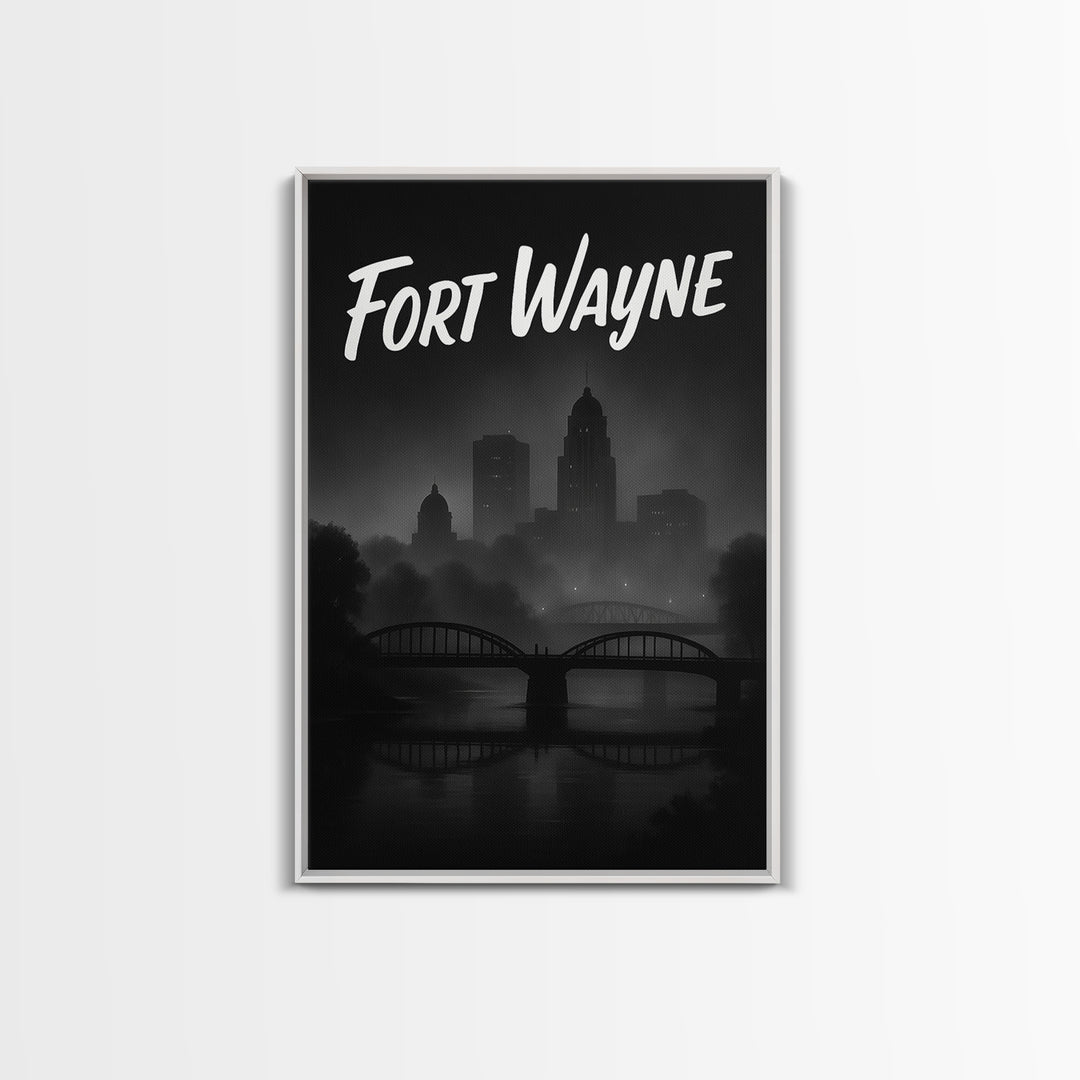 Fort Wayne Travel Poster, Canvas Print, Night Street Poster Art, Fort Wayne Wall Art, City Illustration, Living Room Wall Art, Design 2