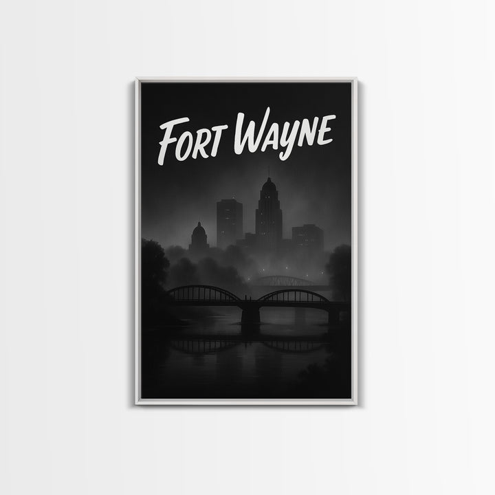 Fort Wayne Travel Poster, Canvas Print, Night Street Poster Art, Fort Wayne Wall Art, City Illustration, Living Room Wall Art, Design 2