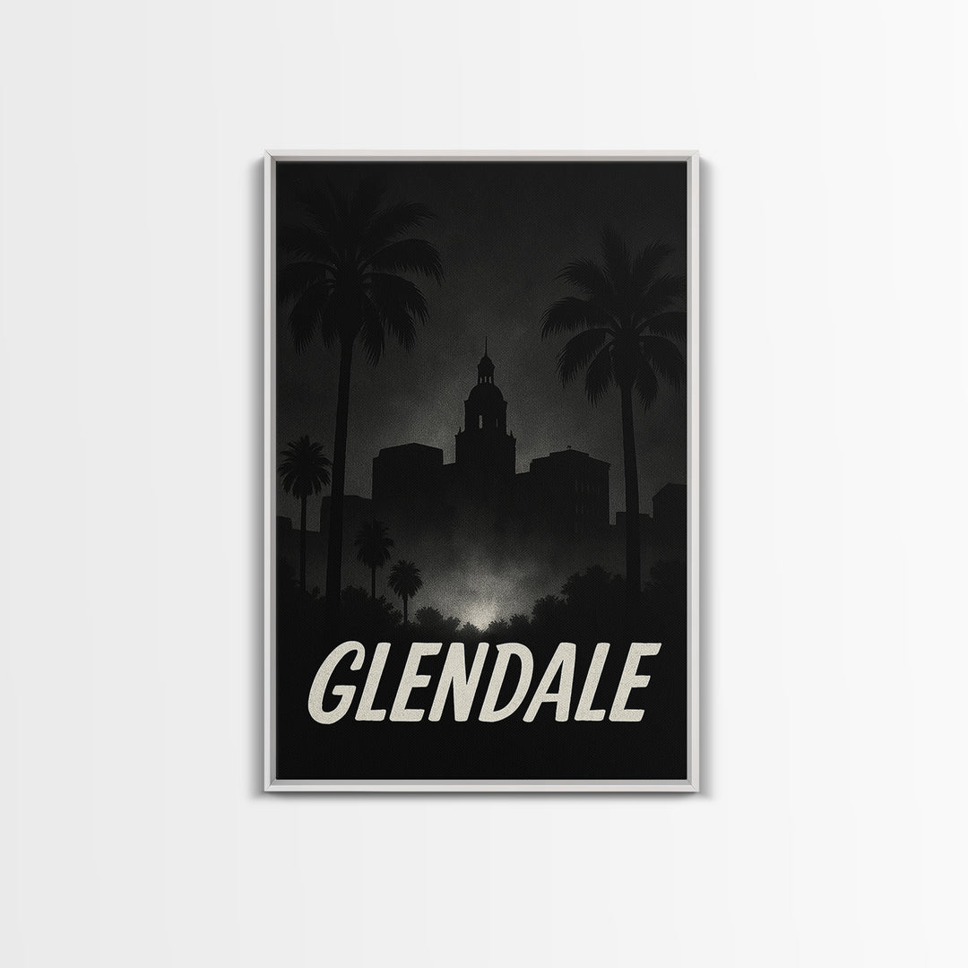 Glendale Travel Poster, Framed Canvas Print, Night Street Poster Art, Glendale Poster Print, Watercolor Skyline, City Illustration