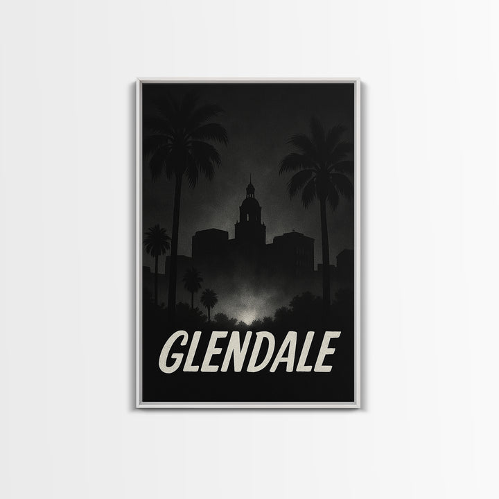 Glendale Travel Poster, Framed Canvas Print, Night Street Poster Art, Glendale Poster Print, Watercolor Skyline, City Illustration
