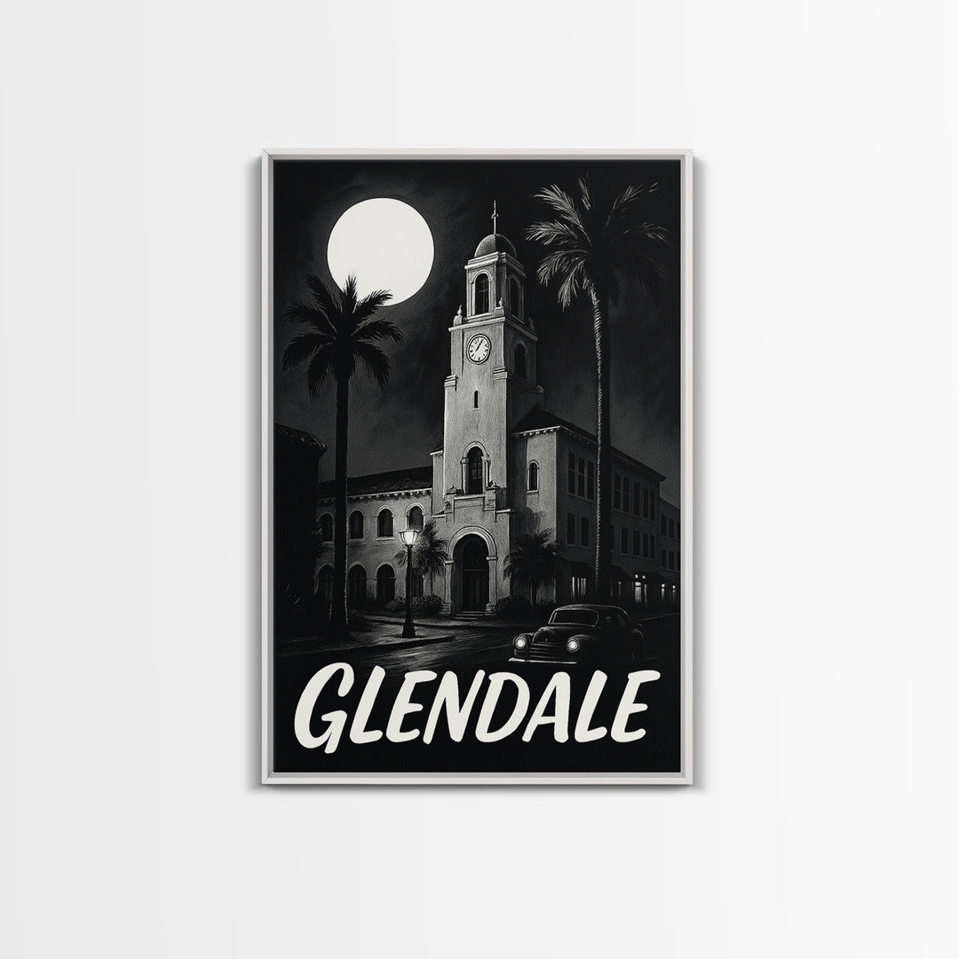 Glendale Travel Poster, Framed Canvas Print, Night Street Poster Art, Glendale City Art, Wanderlust Decor, Travel Wall Decor, Design 4