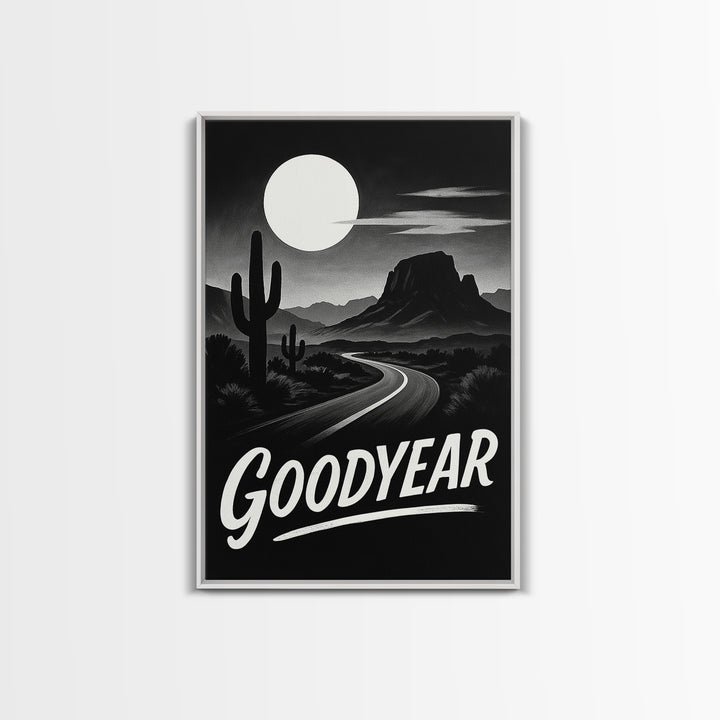 Goodyear Travel Poster, Framed Canvas Print, Vintage Noir Poster Art, Goodyear Travel Art, Living Room Wall Art, Mid Century Wall Art