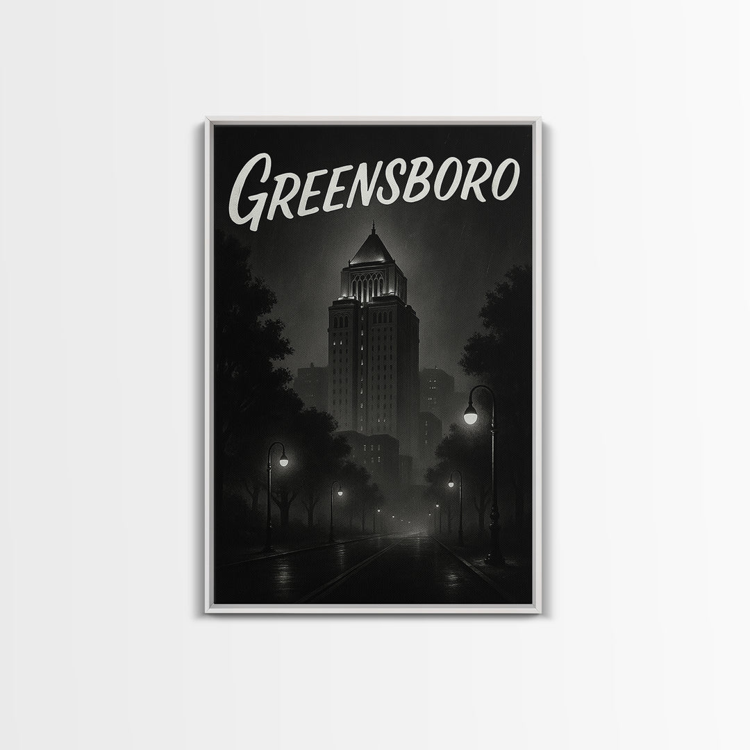 Greensboro Travel Poster, Framed Canvas Print, Black And White Travel Art, Greensboro Poster Print, Living Room Wall Art, Home Office Decor
