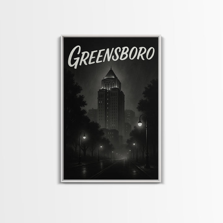 Greensboro Travel Poster, Framed Canvas Print, Black And White Travel Art, Greensboro Poster Print, Living Room Wall Art, Home Office Decor