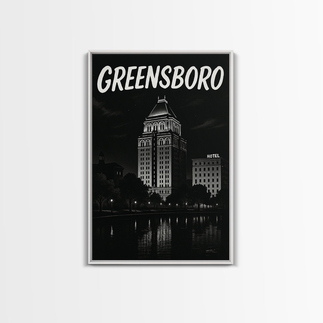 Greensboro Travel Poster, Framed Canvas Print, Black And White Travel Art, Greensboro City Art, Travel Poster Set, City Travel Prints