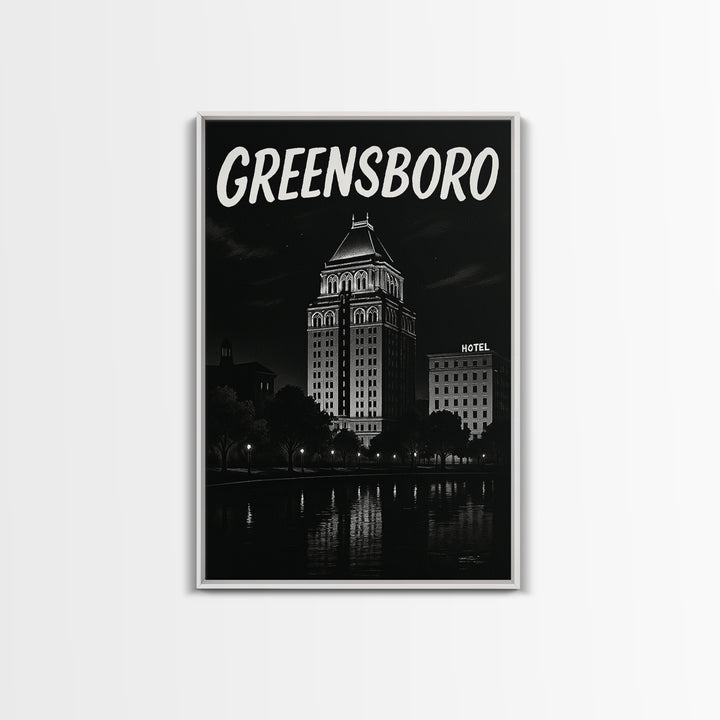 Greensboro Travel Poster, Framed Canvas Print, Black And White Travel Art, Greensboro City Art, Travel Poster Set, City Travel Prints