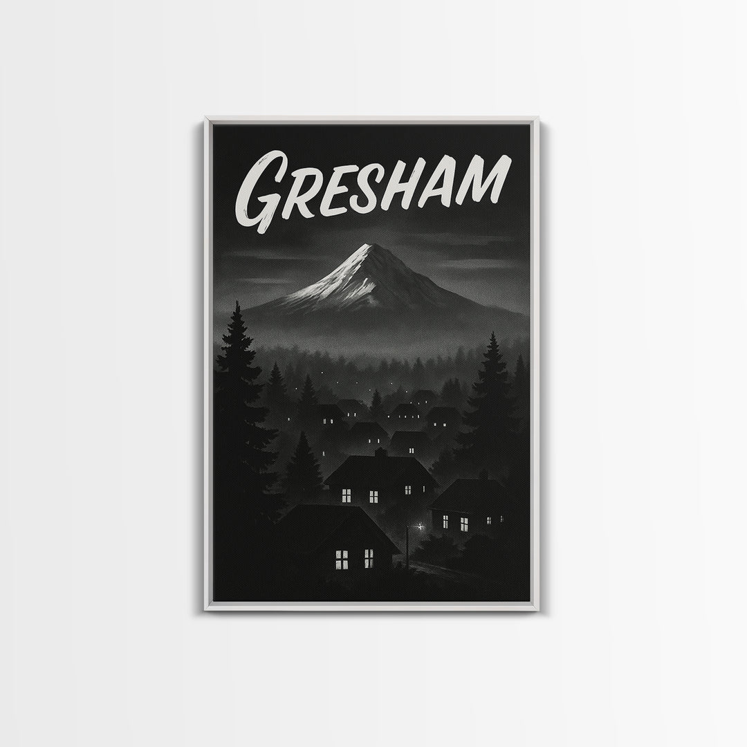 Gresham Oregon Travel Poster, Framed Canvas Print, Black And White Travel Art, Gresham City Art, Vintage City Poster, Travel Wall Art