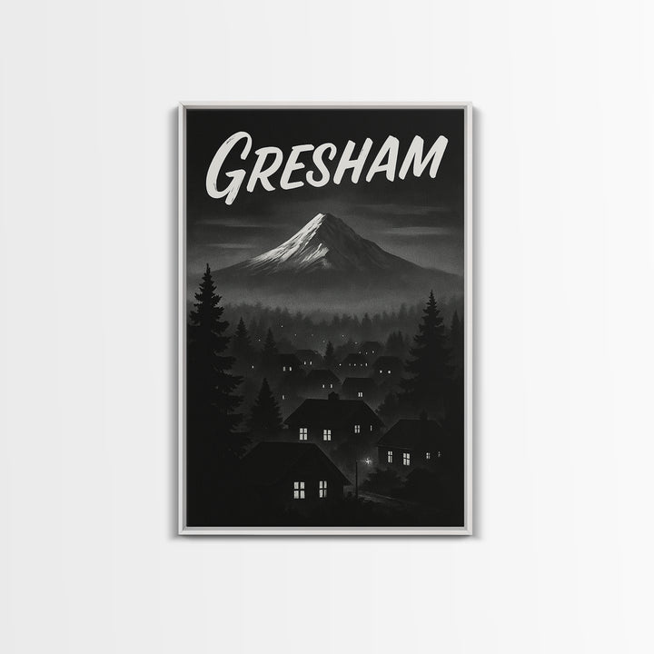 Gresham Oregon Travel Poster, Framed Canvas Print, Black And White Travel Art, Gresham City Art, Vintage City Poster, Travel Wall Art