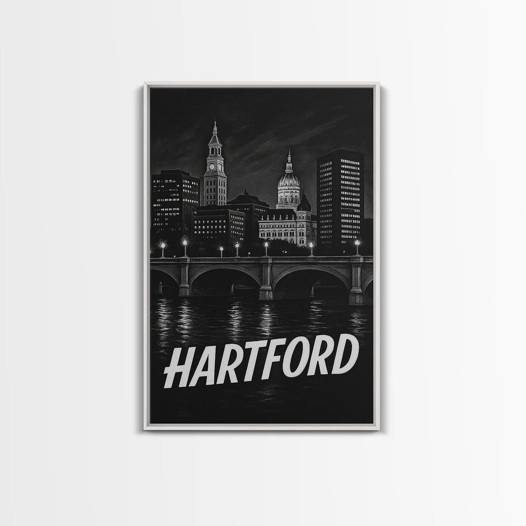 Hartford Connecticut Travel Poster, Framed Canvas Print, Dark Moody City Wall Art, Hartford Poster Print, Travel Art Print, Wanderlust Decor