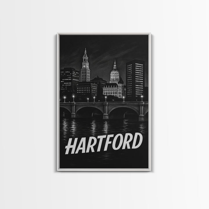 Hartford Connecticut Travel Poster, Framed Canvas Print, Dark Moody City Wall Art, Hartford Poster Print, Travel Art Print, Wanderlust Decor