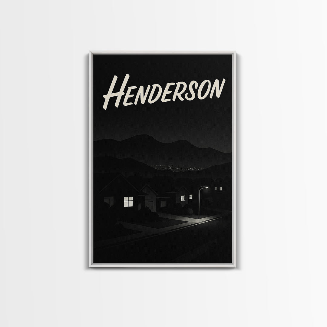 Henderson Travel Poster, Framed Canvas Print, Dark Moody City Wall Art, Henderson Art Print, Vintage Travel Print, City Illustration