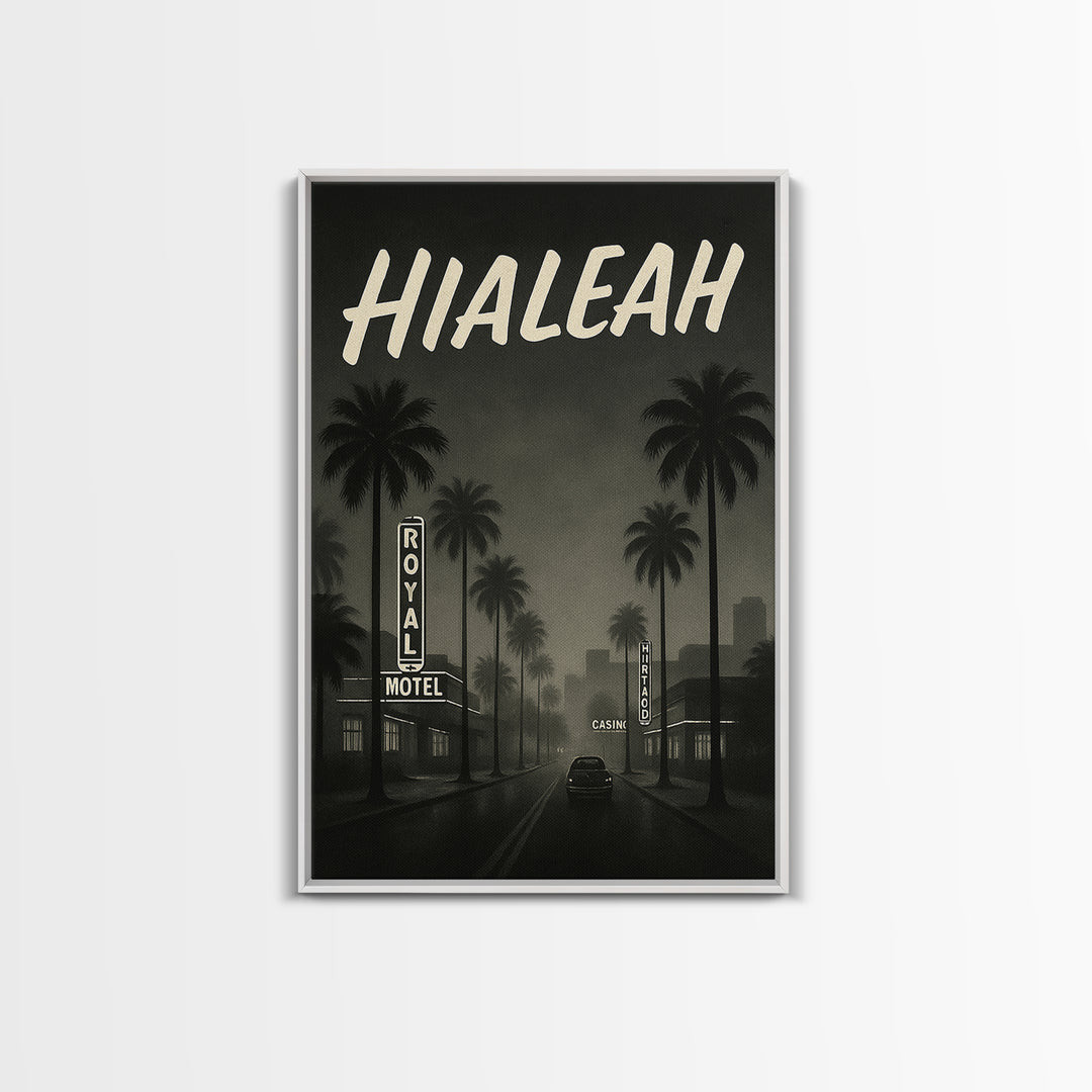 Hialeah Florida Travel Poster, Framed Canvas Print, Dark Moody City Wall Art, Hialeah Poster Print, Living Room Wall Art, Fine Art Print