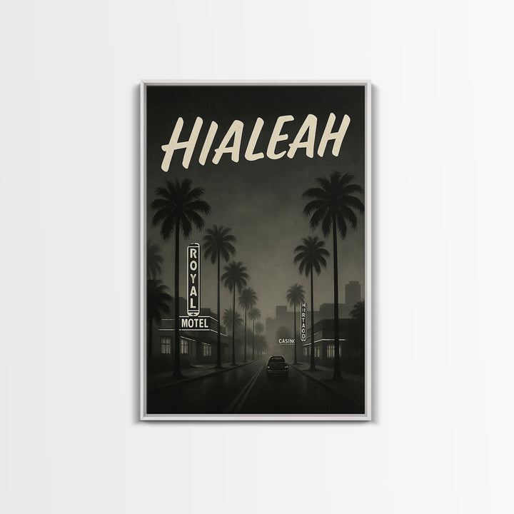 Hialeah Florida Travel Poster, Framed Canvas Print, Dark Moody City Wall Art, Hialeah Poster Print, Living Room Wall Art, Fine Art Print
