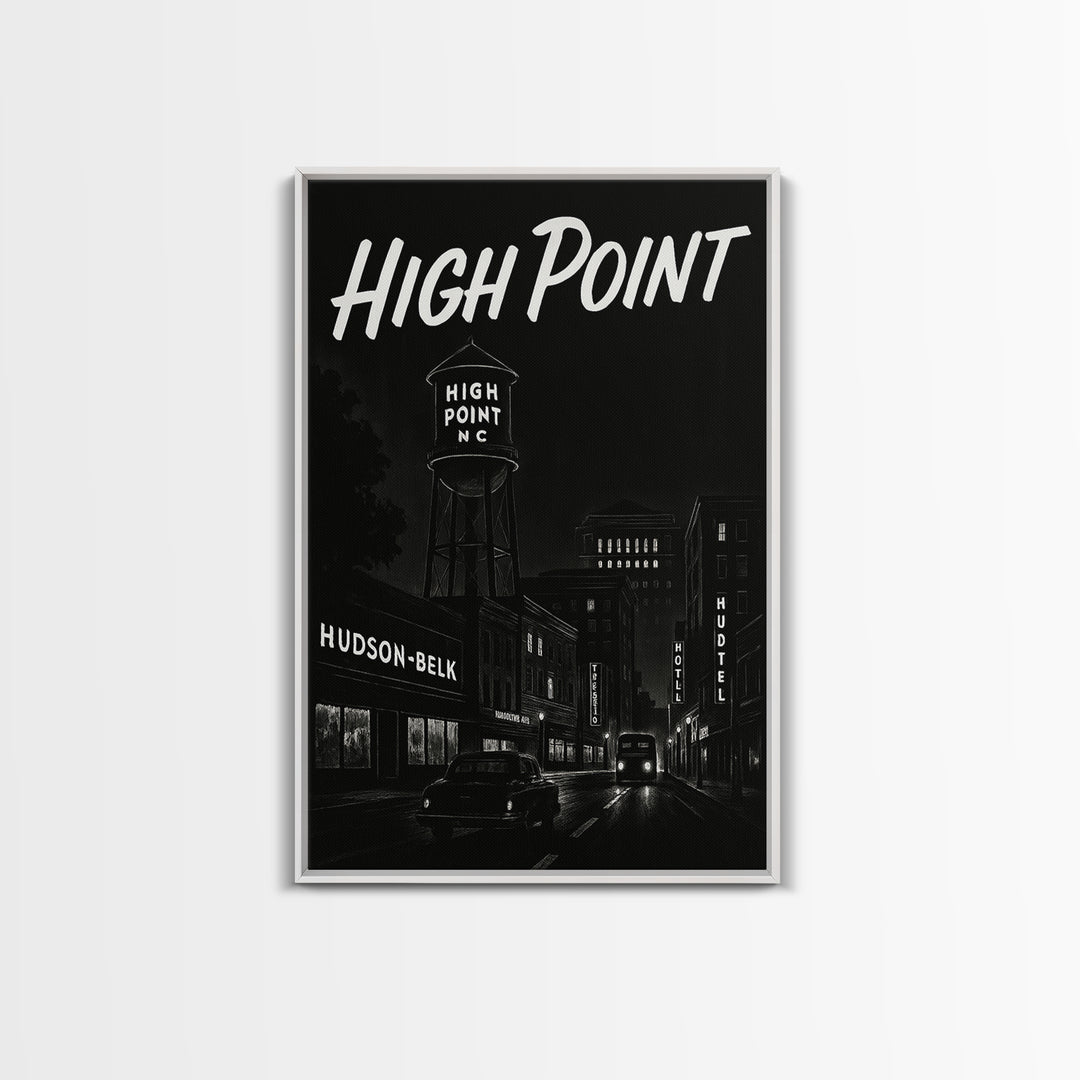 High Point Travel Poster, Framed Canvas Print, Black And White Travel Art, High Point Poster Print, Retro Travel Print, Vintage City Poster