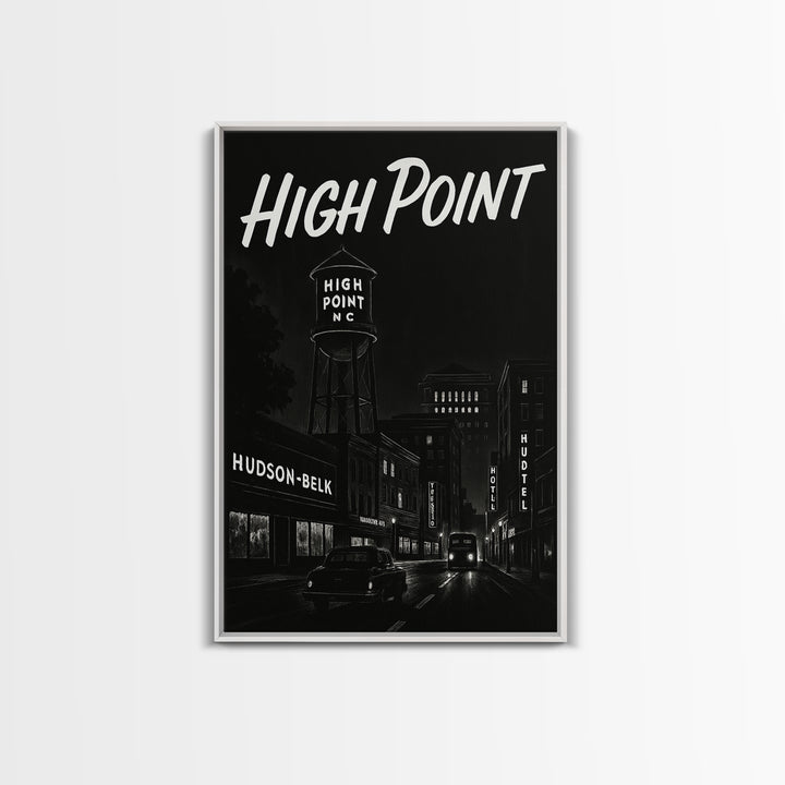High Point Travel Poster, Framed Canvas Print, Black And White Travel Art, High Point Poster Print, Retro Travel Print, Vintage City Poster